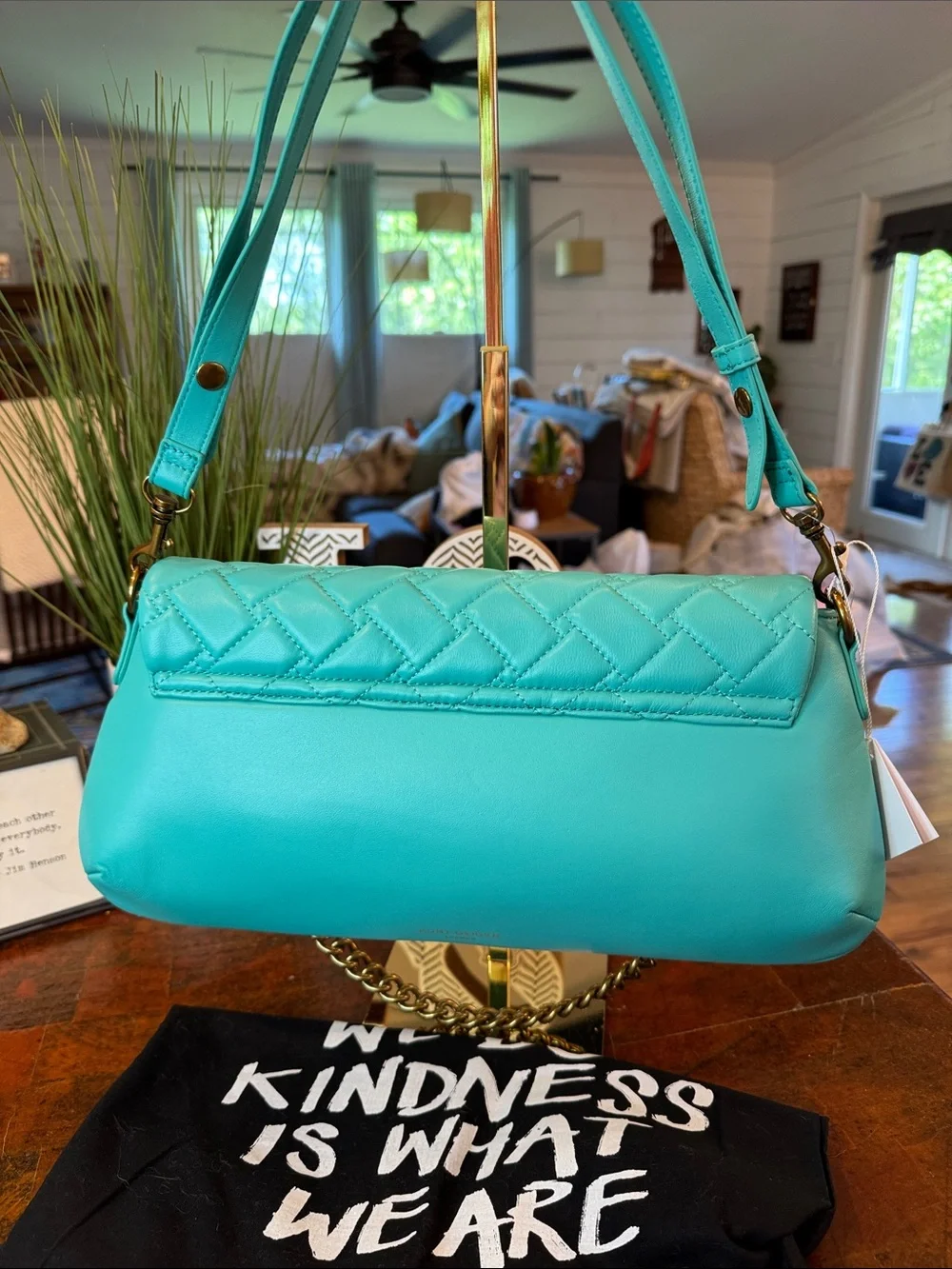 Kurt Geiger Turquoise Quilted Shoulder Bag with Gold Chain